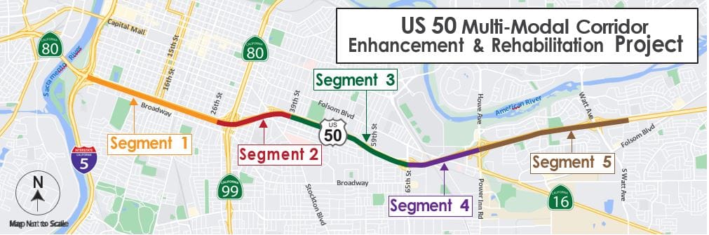 Map highlighting the five segments of the US 50 Multi-Modal Corridor Enhancement & Rehabilitation Project.