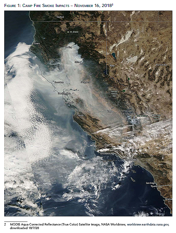 Satellite view of Camp Fire smoke impacts across California.