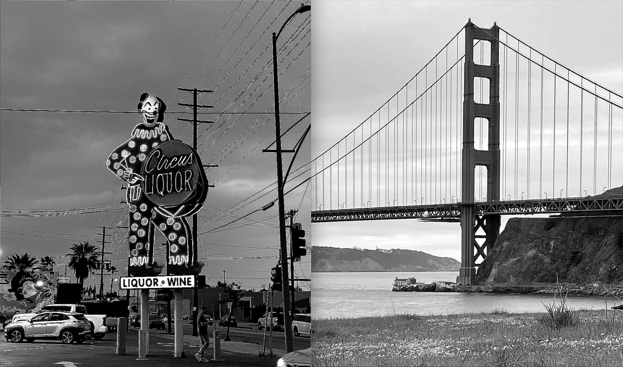 A split image showcasing the Los Angeles skyline on one side and the San Francisco Golden Gate Bridge on the other.