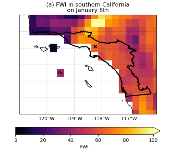 Fire Weather Index (FWI) map of Southern California on January 8, 2025, highlighting extreme wildfire conditions around Los Angeles.