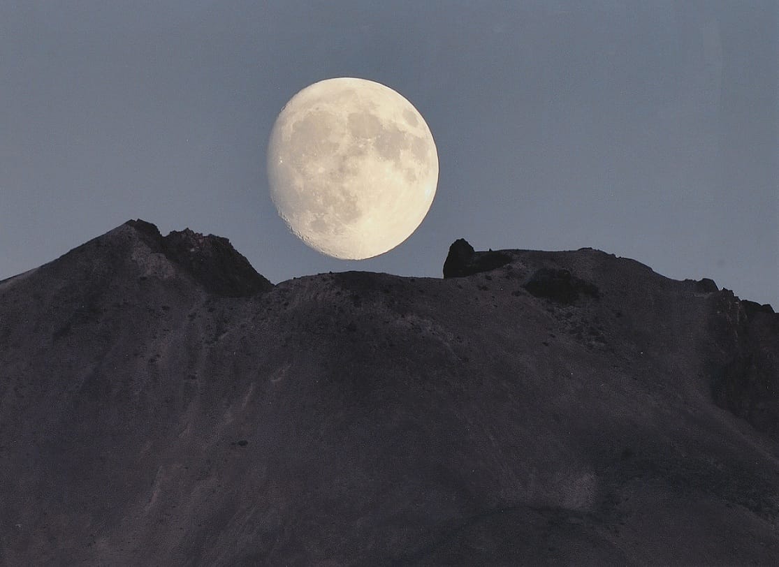 Lassen Volcanic National Park: Moonrise Over a Volcanic Peak.