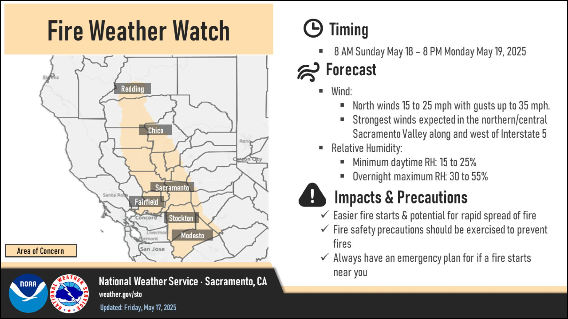 Red Flag Warning: May 18–19, 2025 – Sacramento Valley Under High Fire Risk.