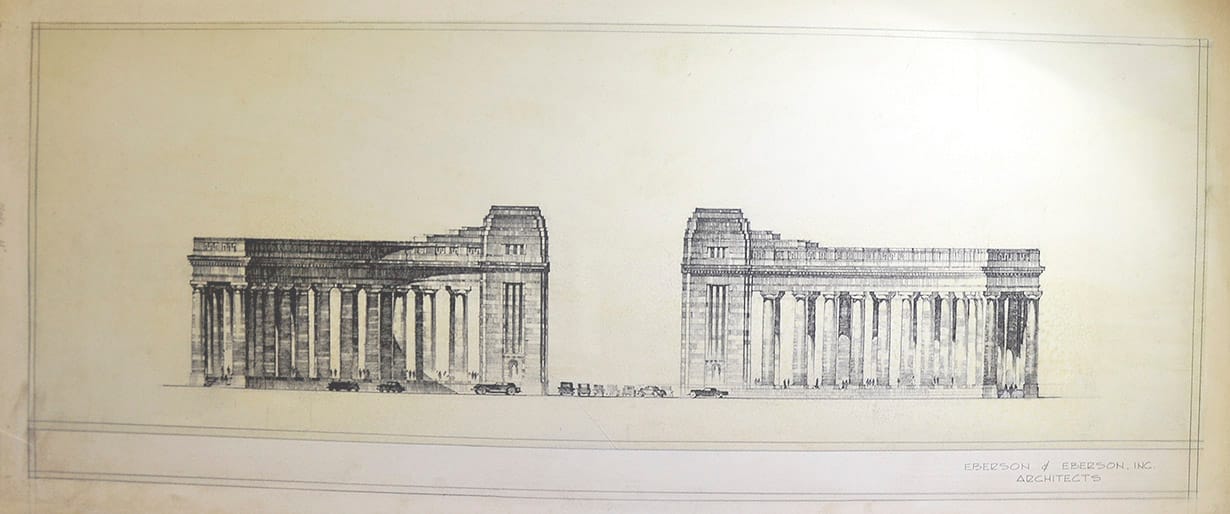 Formal architectural elevation by Eberson & Eberson Inc., showing a grand columned design for the San Francisco entrance.
