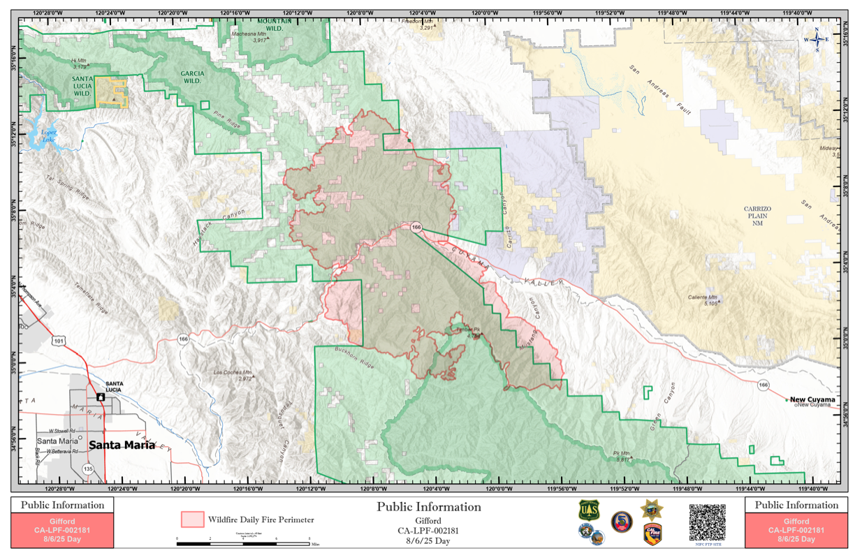 Gifford Fire Perimeter and Public Information Map, August 6, 2025.