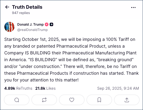 Trump Truth Social Pharma Tariff Post 2025.
