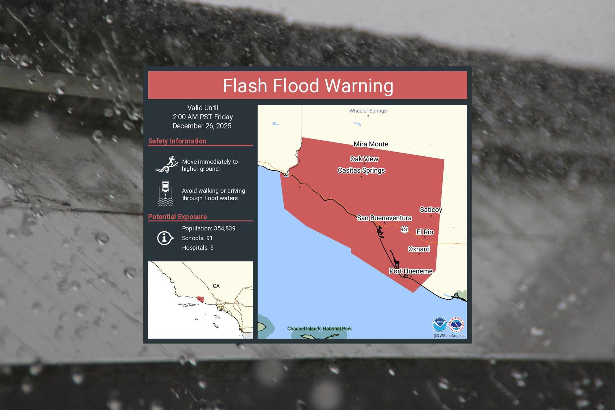 LIFE-THREATENING FLASH FLOOD WARNING extended to 2:00 AM PST in Oxnard, Ventura, and Port Hueneme on Christmas