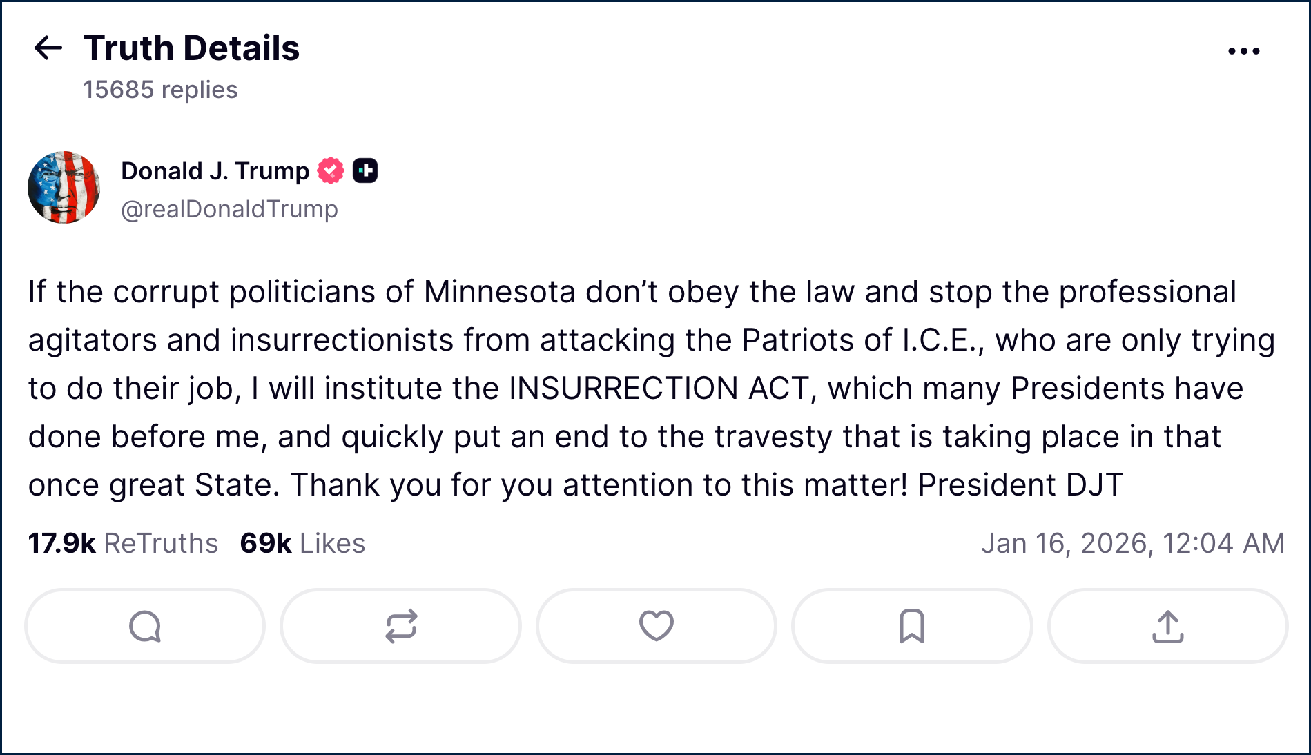 Trump Truth Social Post About Using the Insurrection Act in Minnesota.