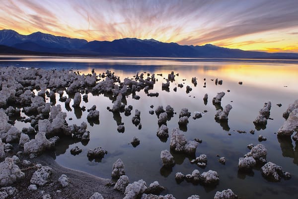 Mono Lake Tufa Towers at Sunrise, Reflected in Still Water.