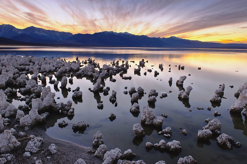 Mono Lake Tufa Towers at Sunrise, Reflected in Still Water.